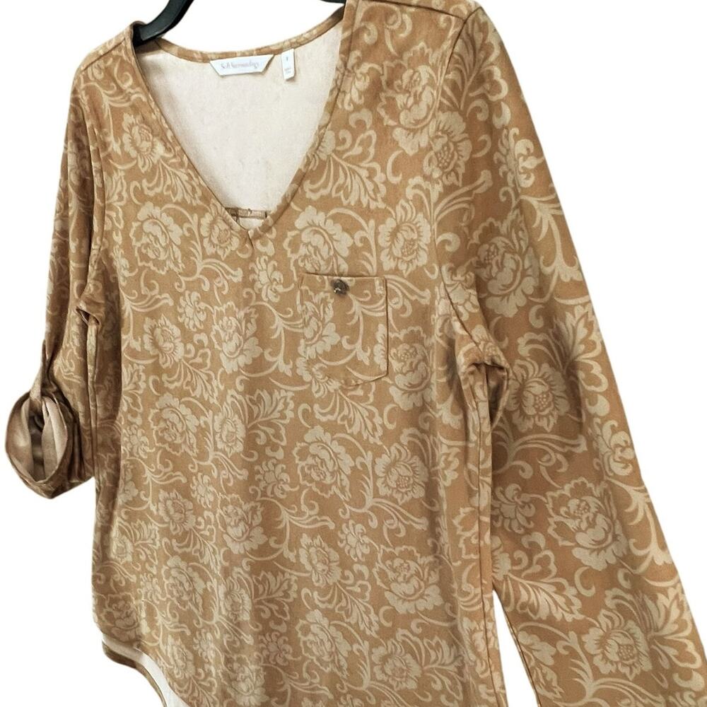 Soft Surroundings Tunic Top Womens S‎ Tan Faux Suede Floral Roll Tab Boho Chic - Picture 3 of 14
